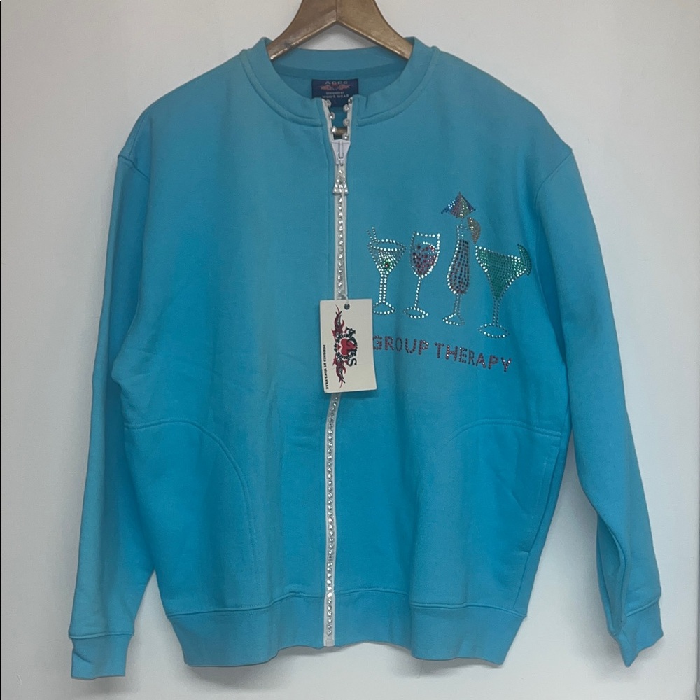 Aces Women’s Sz Large “Group Therapy” Drinks Happy Hour Sparkly Detail Zip Up